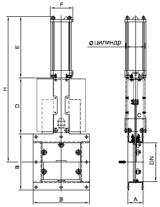 Бункерный шиберный затвор Orbinox серии BC с пневмоприводом двойного действия, DN 150 х 150 до 600 х 600